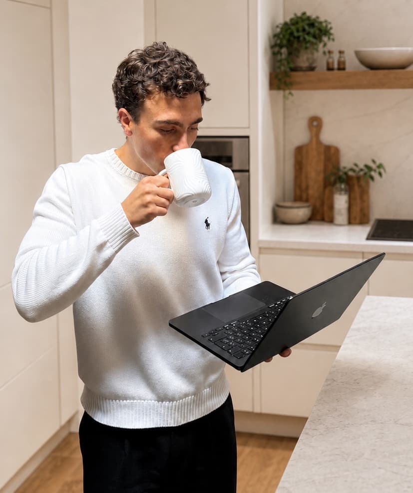 Mauro met een laptop en een tas koffie in de keuken.
